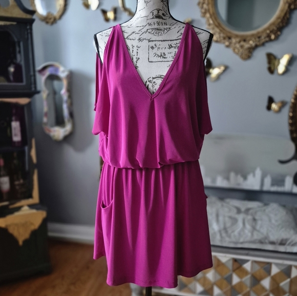 Arden B Fuchsia Cold Shoulder Dress - Picture 1 of 10